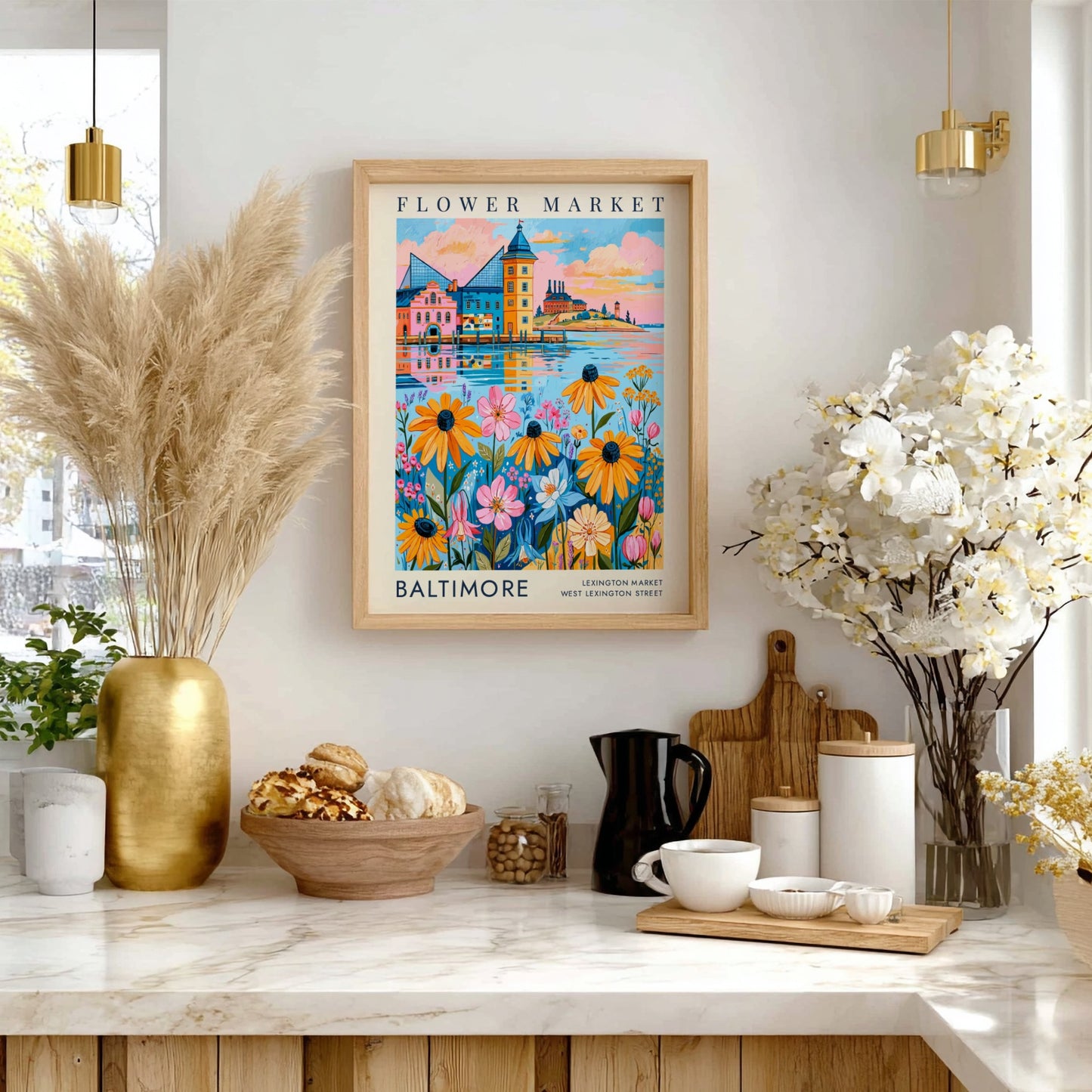 Flower market poster featuring vibrant flowers and a colorful cityscape in a lively art style