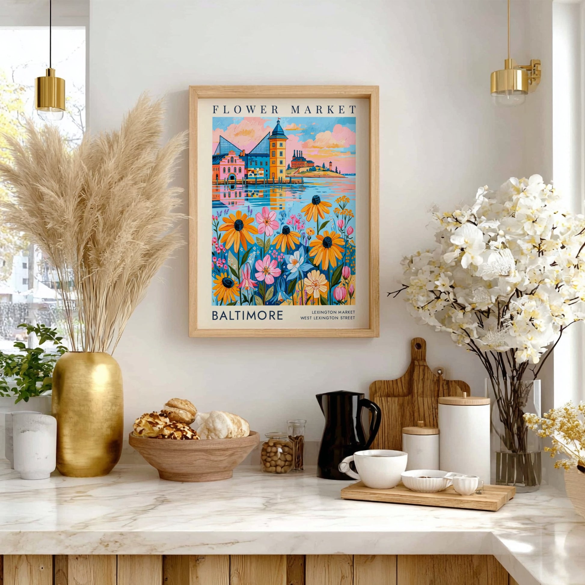 Flower market poster featuring vibrant flowers and a colorful cityscape in a lively art style