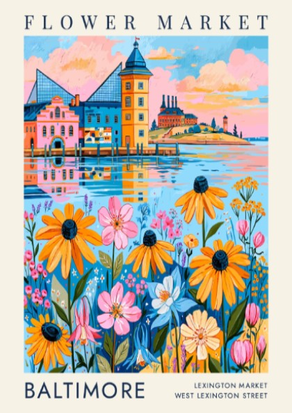 Flower market poster featuring vibrant flowers and a colorful cityscape in a lively art style