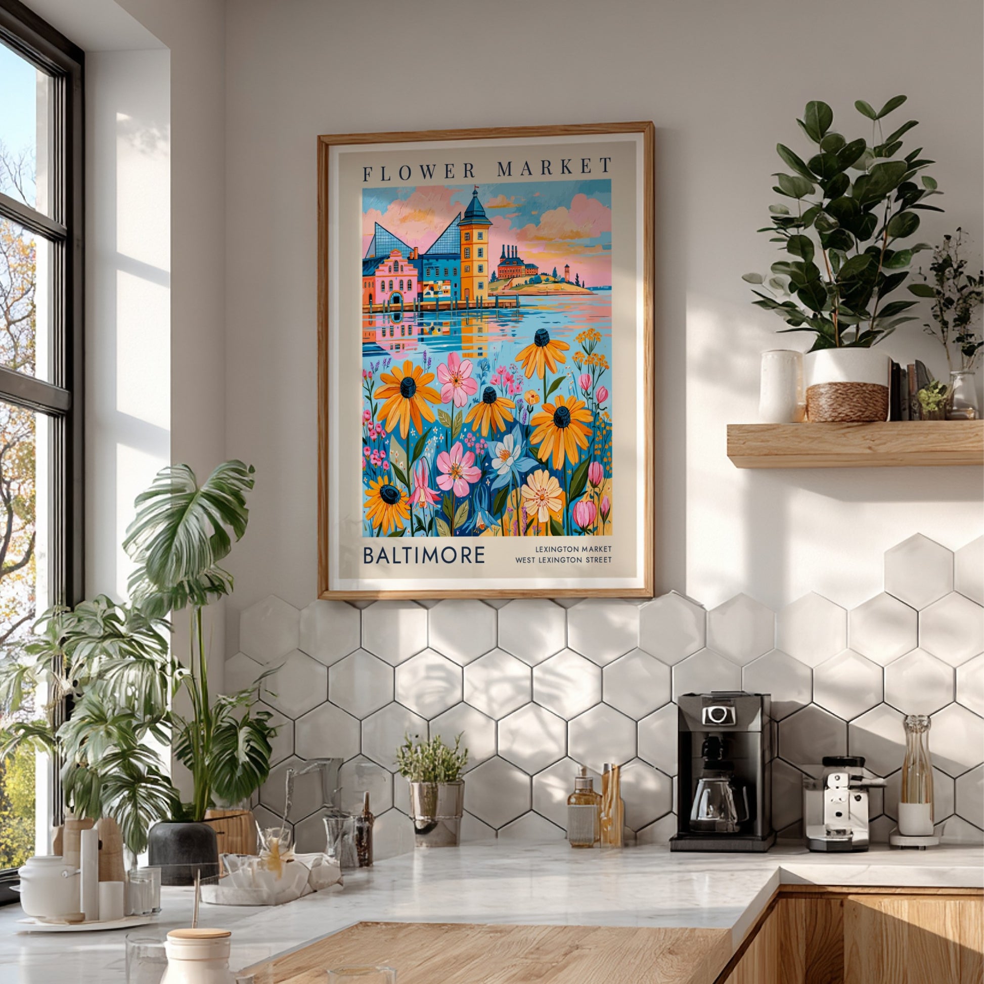 Flower market poster featuring vibrant flowers and a colorful cityscape in a lively art style