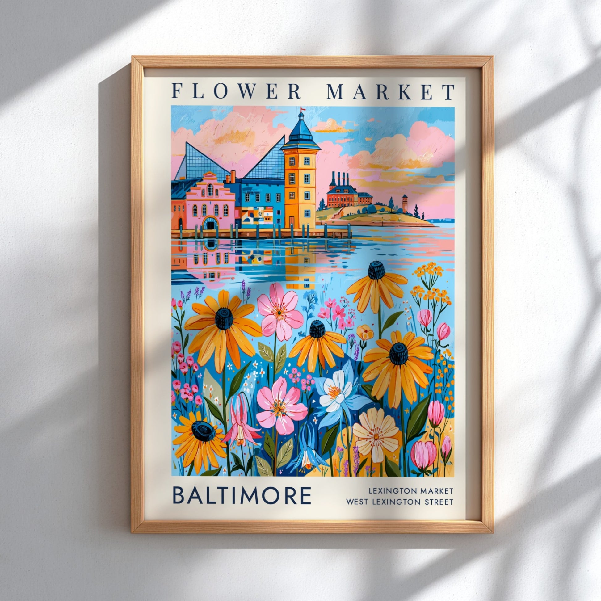 Flower market poster featuring vibrant flowers and a colorful cityscape in a lively art style
