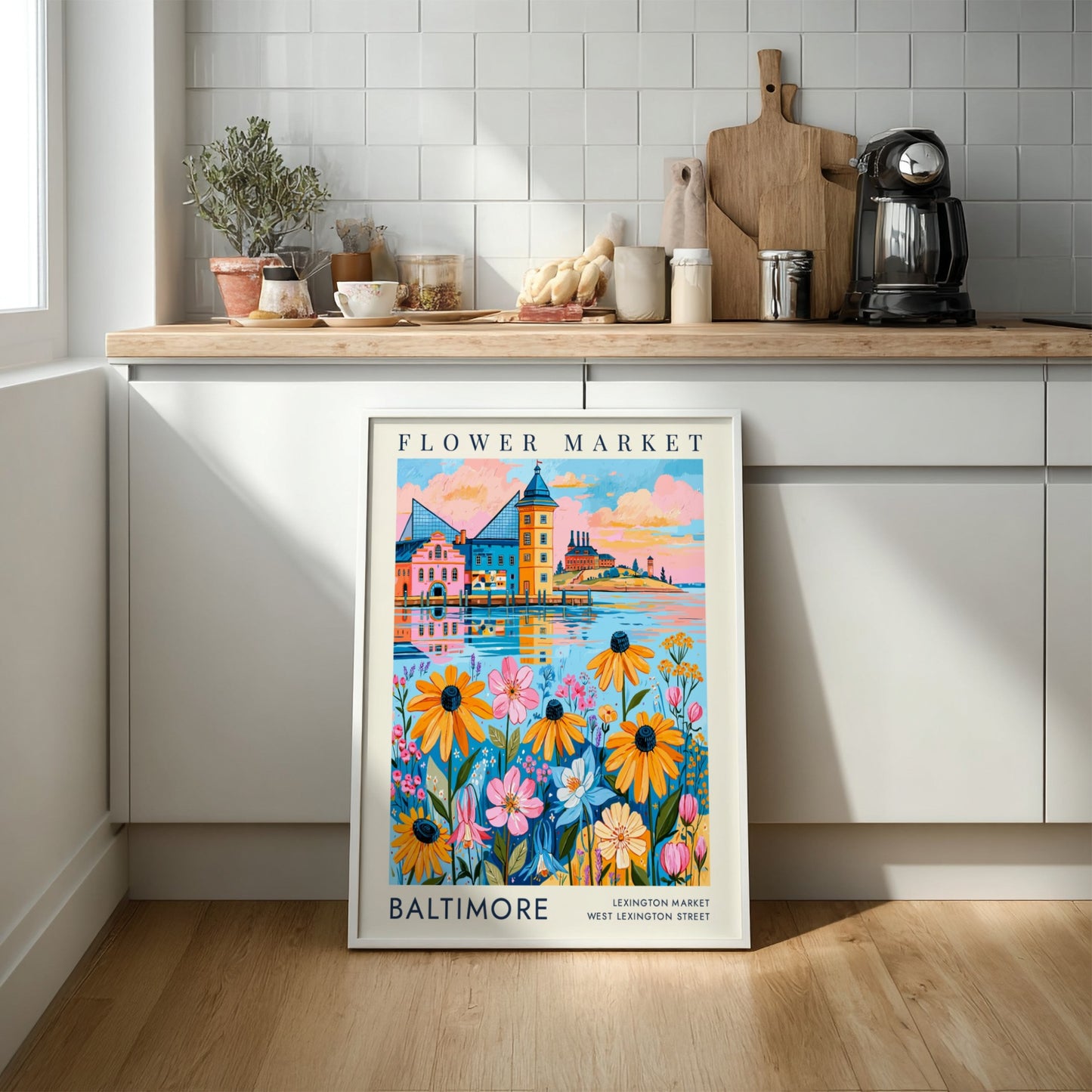 Flower market poster featuring vibrant flowers and a colorful cityscape in a lively art style