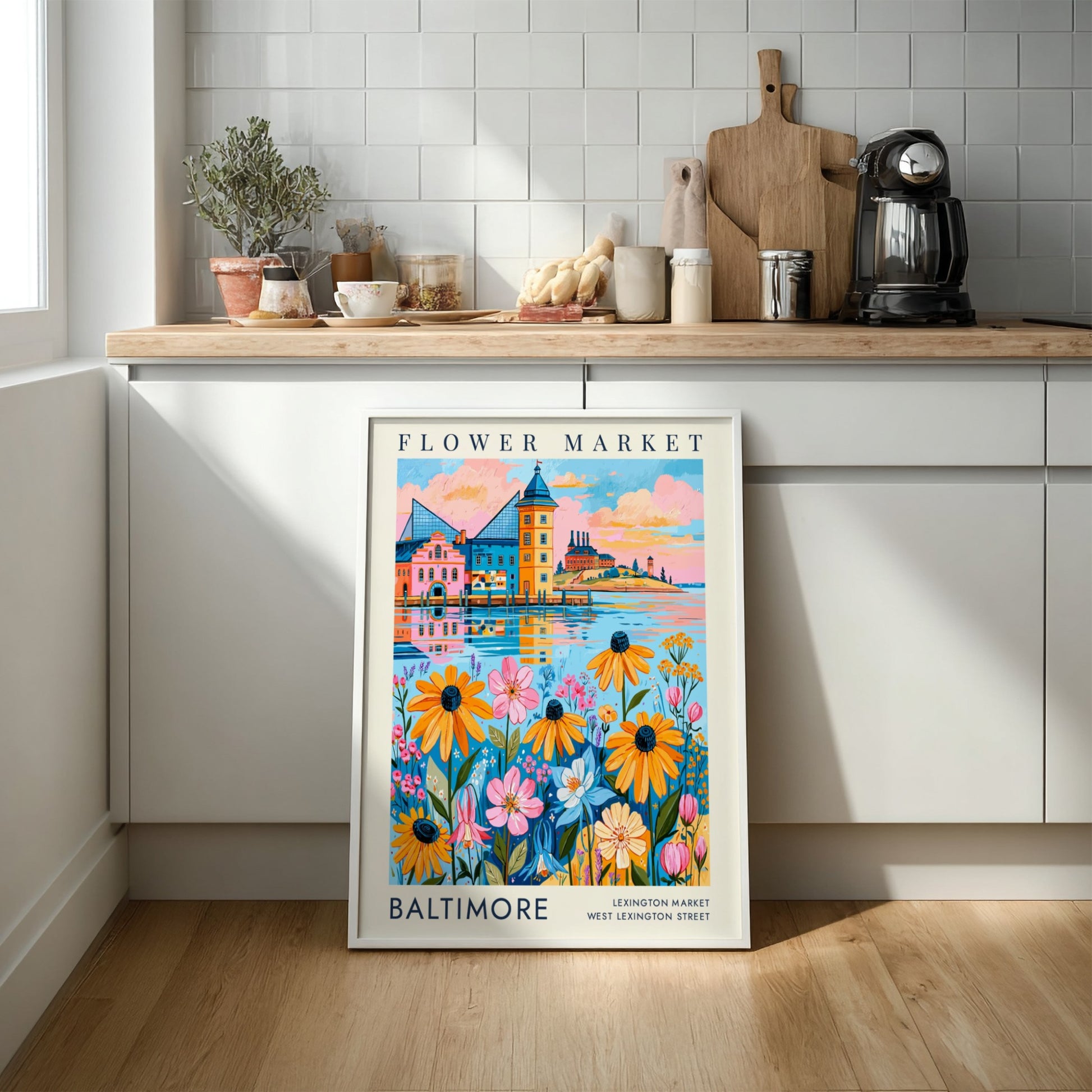 Flower market poster featuring vibrant flowers and a colorful cityscape in a lively art style