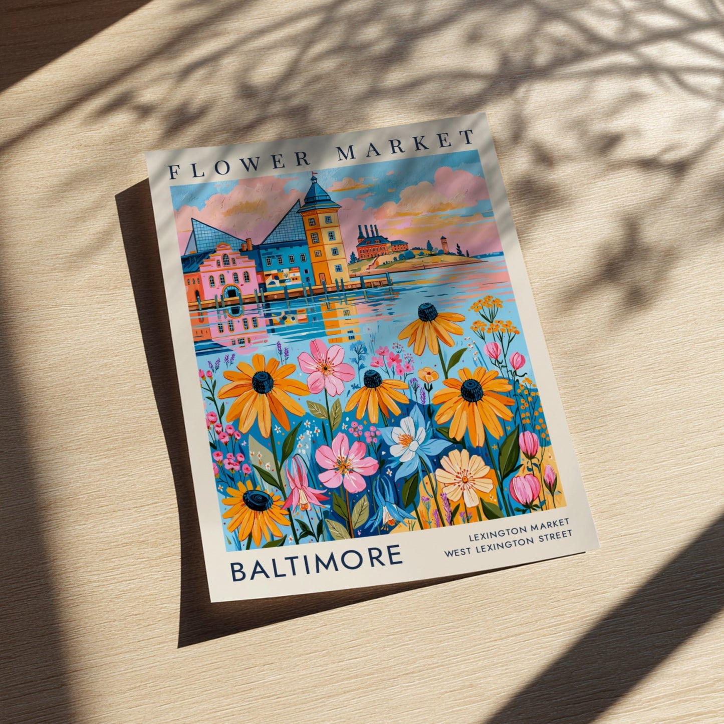 Flower market poster featuring vibrant flowers and a colorful cityscape in a lively art style