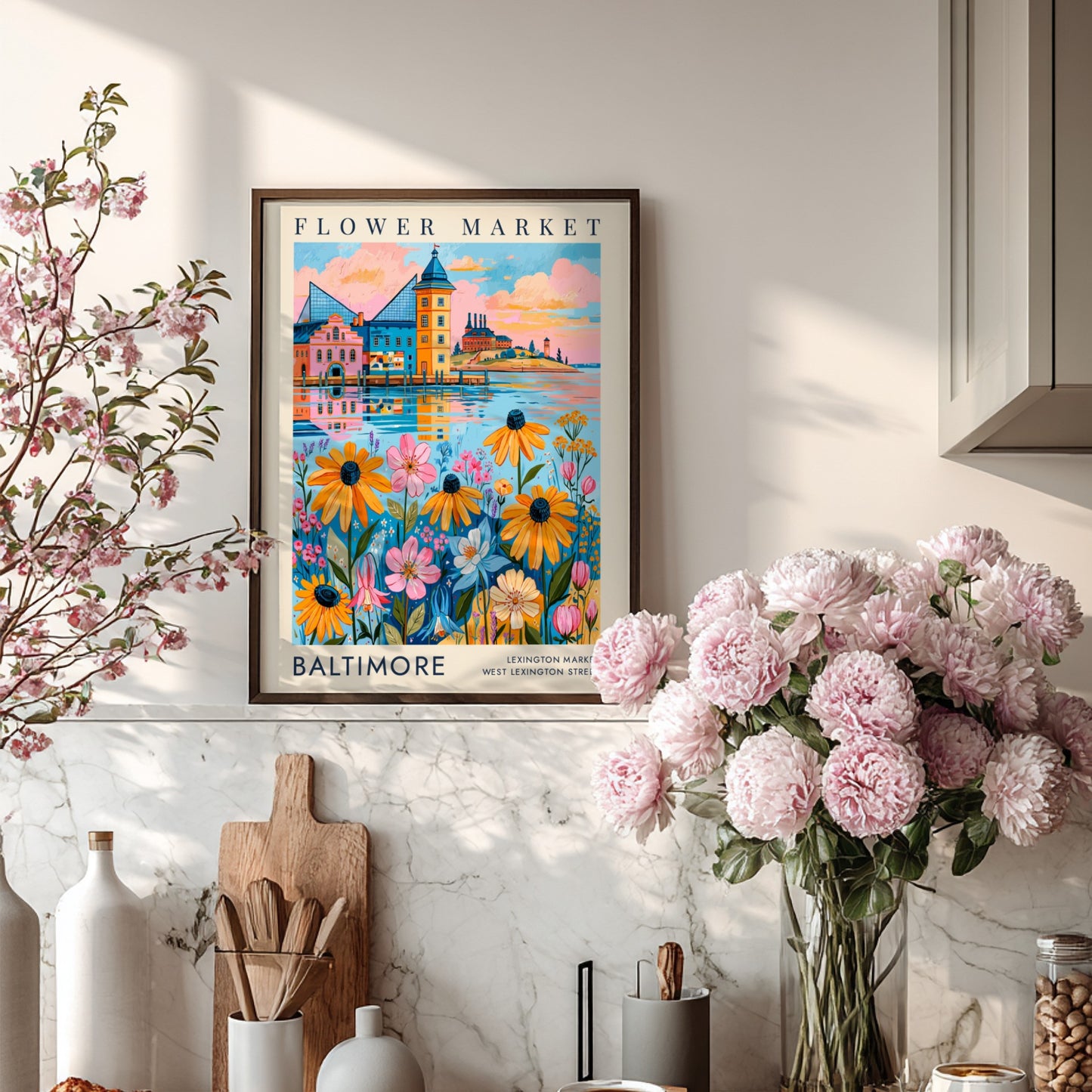 Flower market poster featuring vibrant flowers and a colorful cityscape in a lively art style