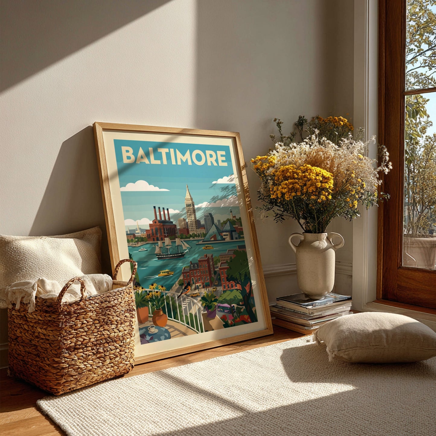 Baltimore skyline poster featuring historic buildings, modern architecture, and a ship on the water in a