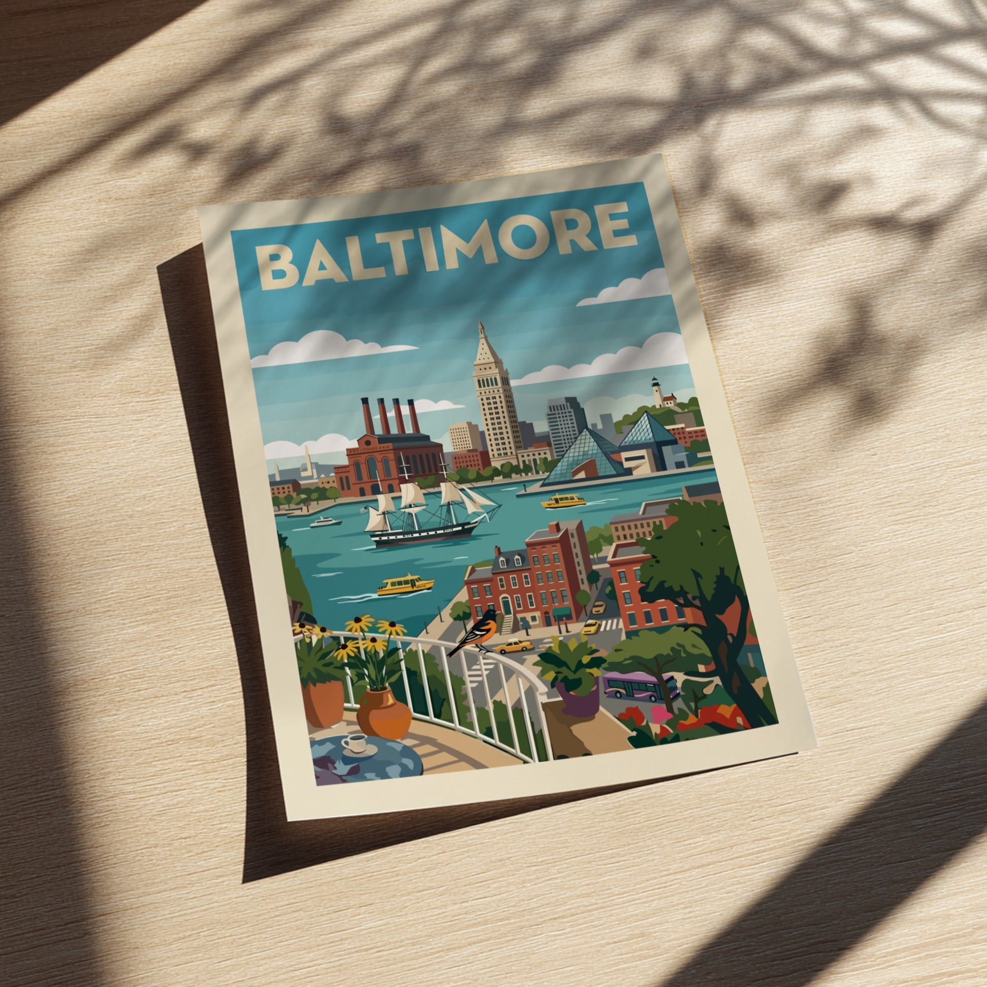 Baltimore skyline poster featuring historic buildings, modern architecture, and a ship on the water in a