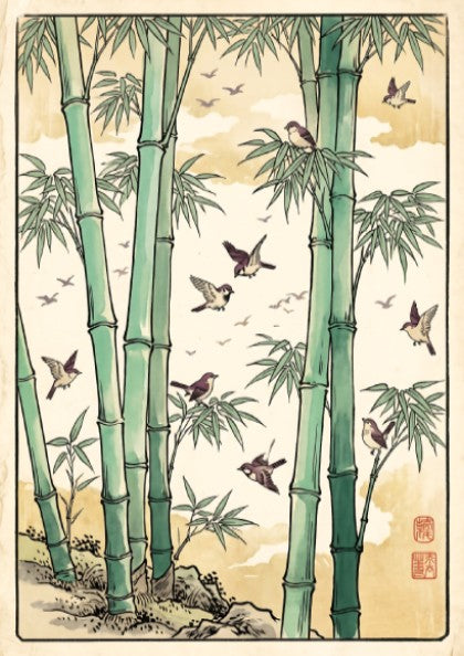 Bamboo Birds Flock Poster featuring bamboo and birds in Japanese art style