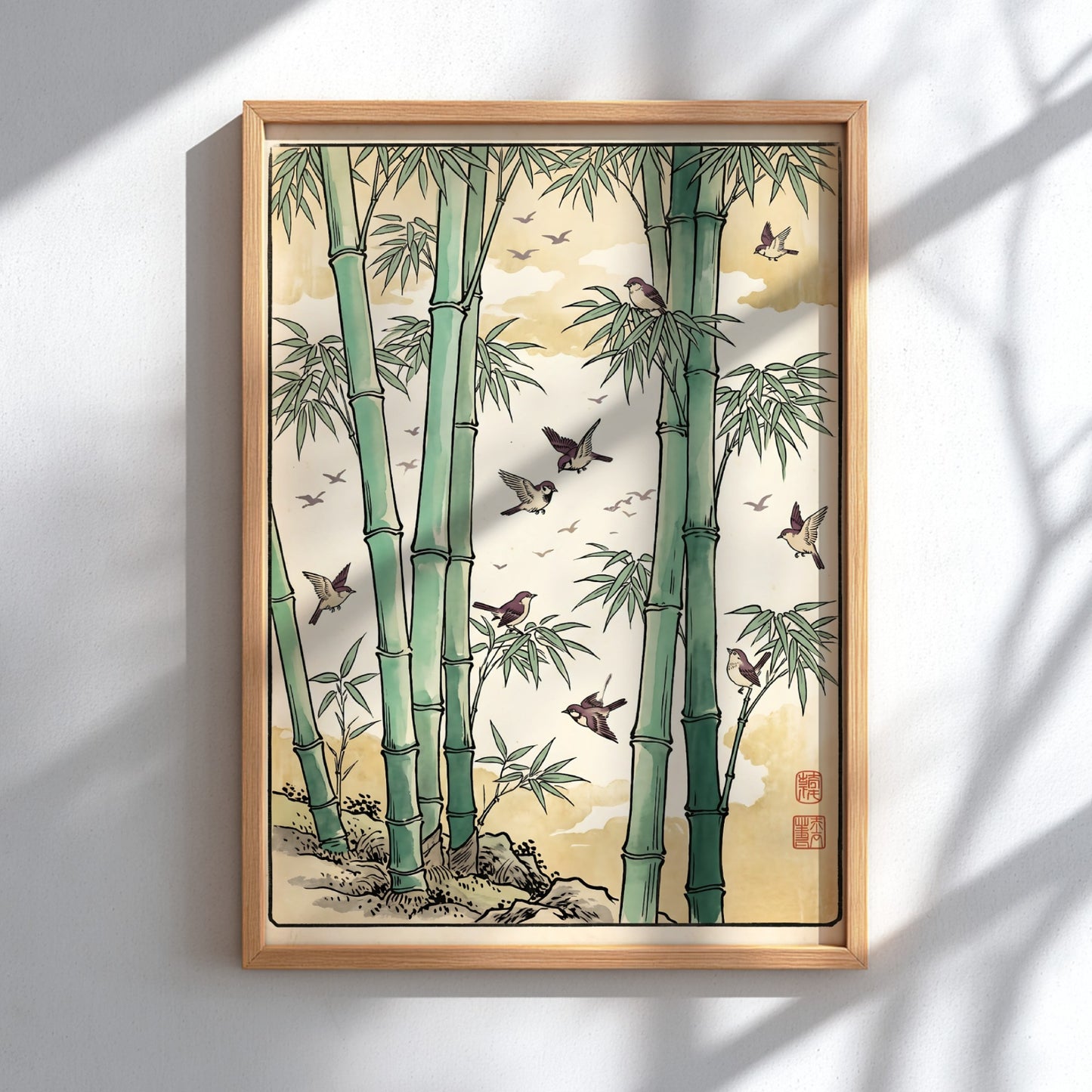 Bamboo Birds Flock Poster featuring bamboo and birds in Japanese art style