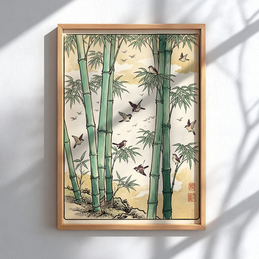 Bamboo Birds Flock Poster featuring bamboo and birds in Japanese art style