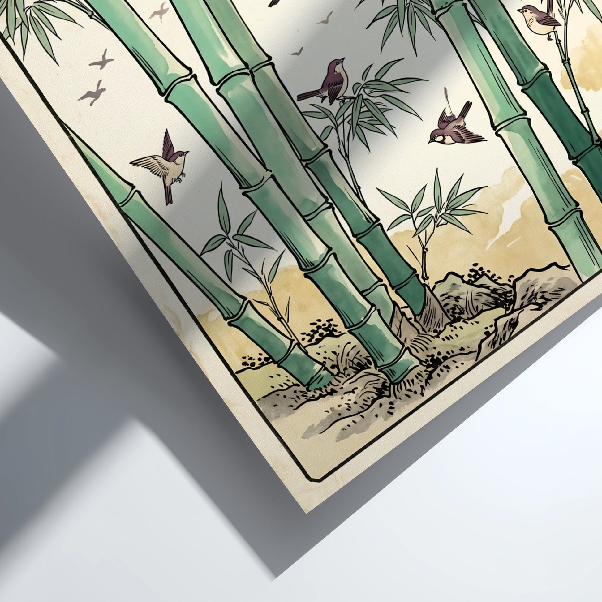 Bamboo Birds Flock Poster featuring bamboo and birds in Japanese art style