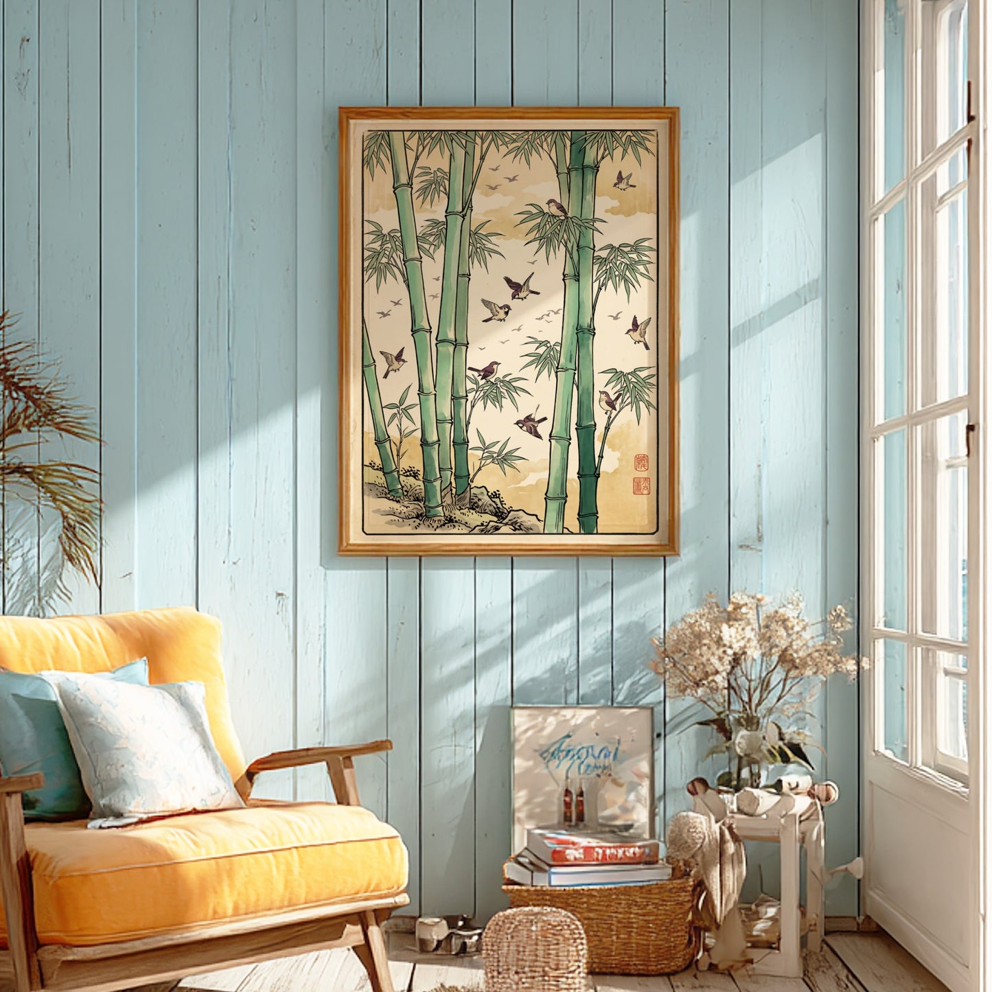 Bamboo Birds Flock Poster featuring bamboo and birds in Japanese art style