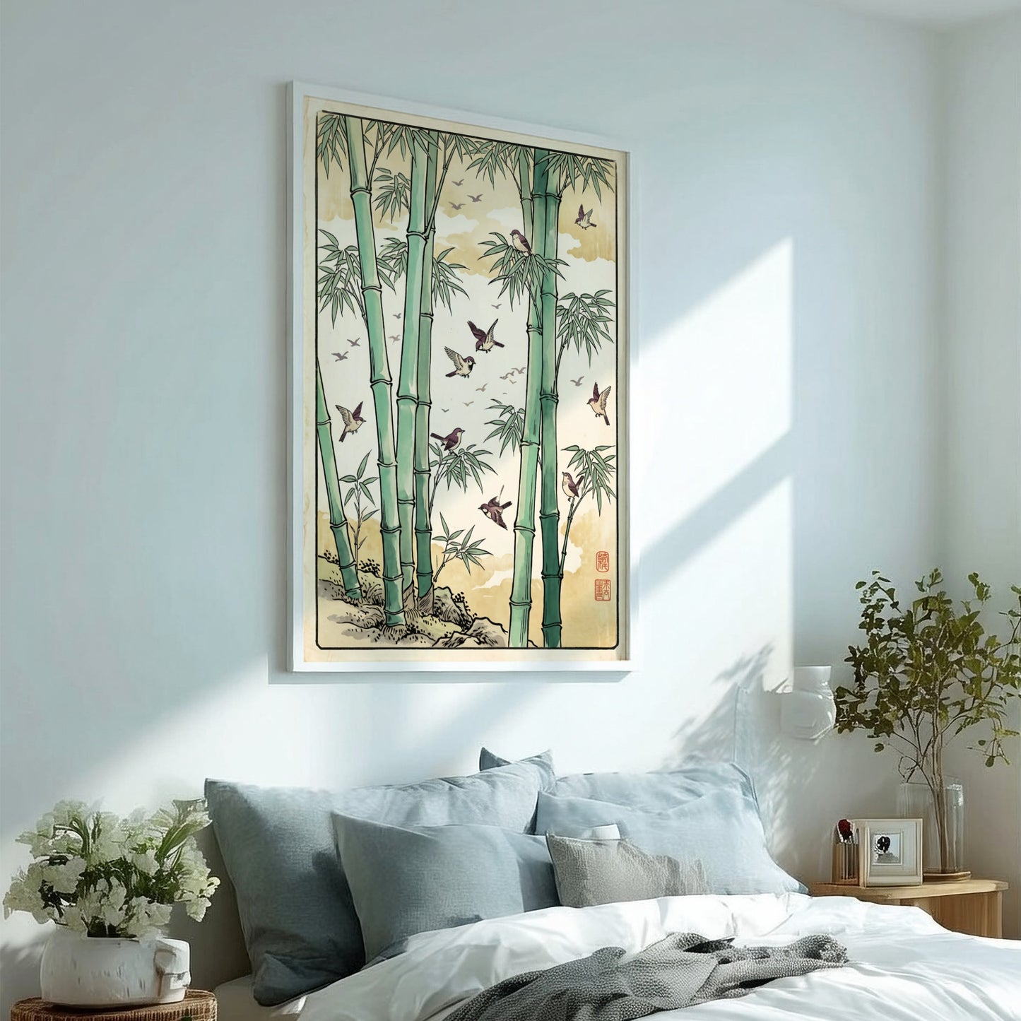 Bamboo Birds Flock Poster featuring bamboo and birds in Japanese art style