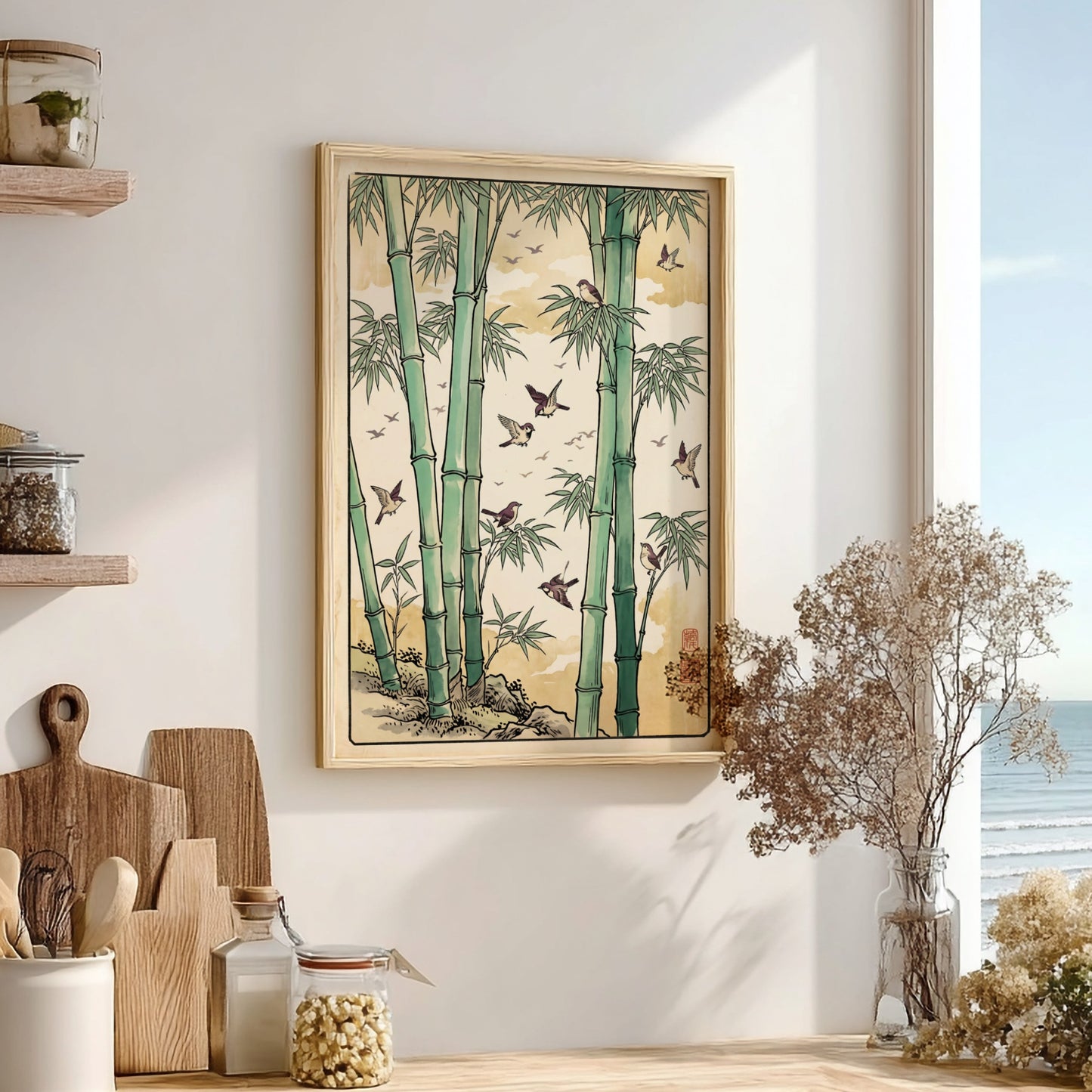 Bamboo Birds Flock Poster featuring bamboo and birds in Japanese art style