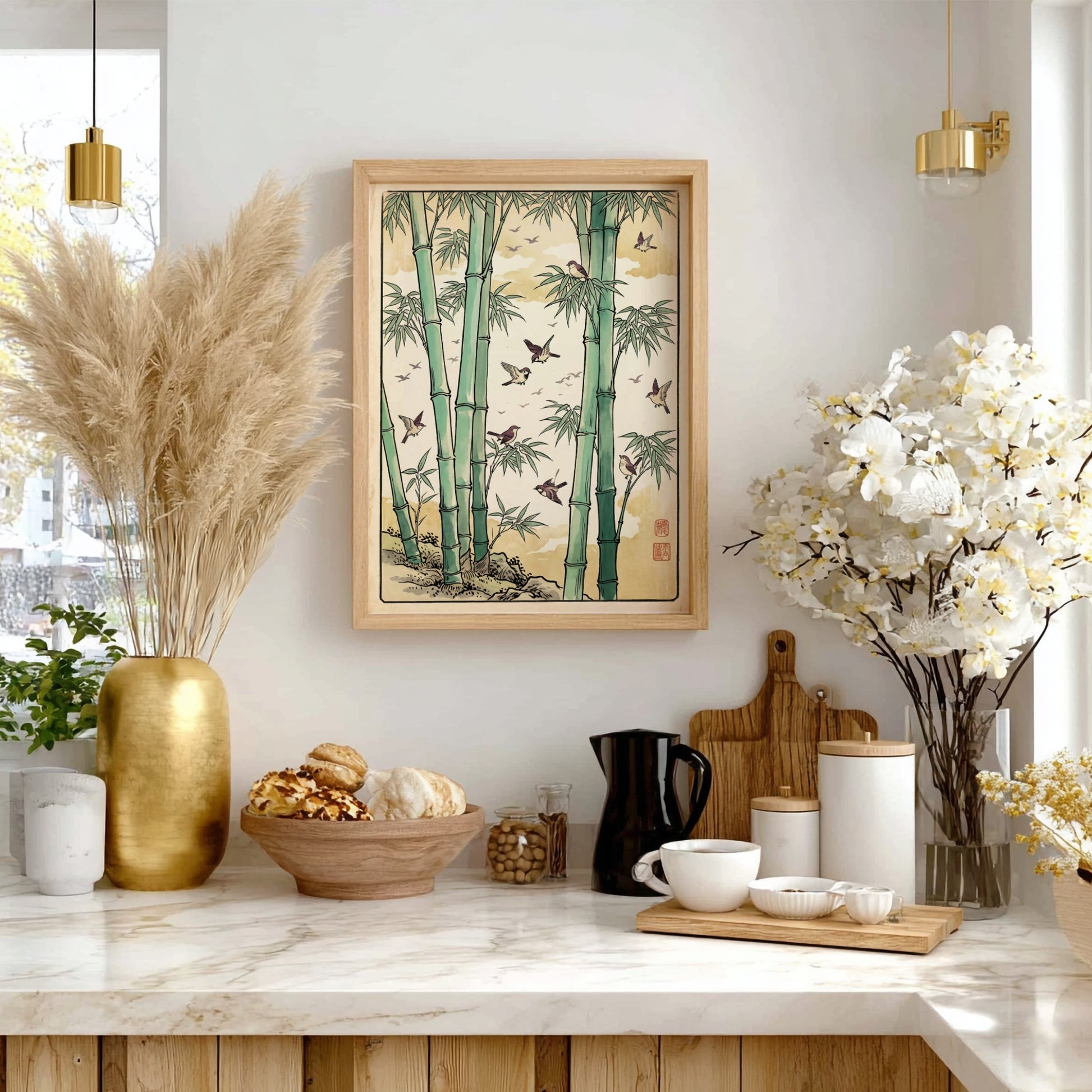 Bamboo Birds Flock Poster featuring bamboo and birds in Japanese art style