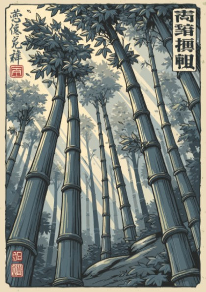 Japanese art style poster featuring a serene bamboo forest with sunlight filtering through the stalks.