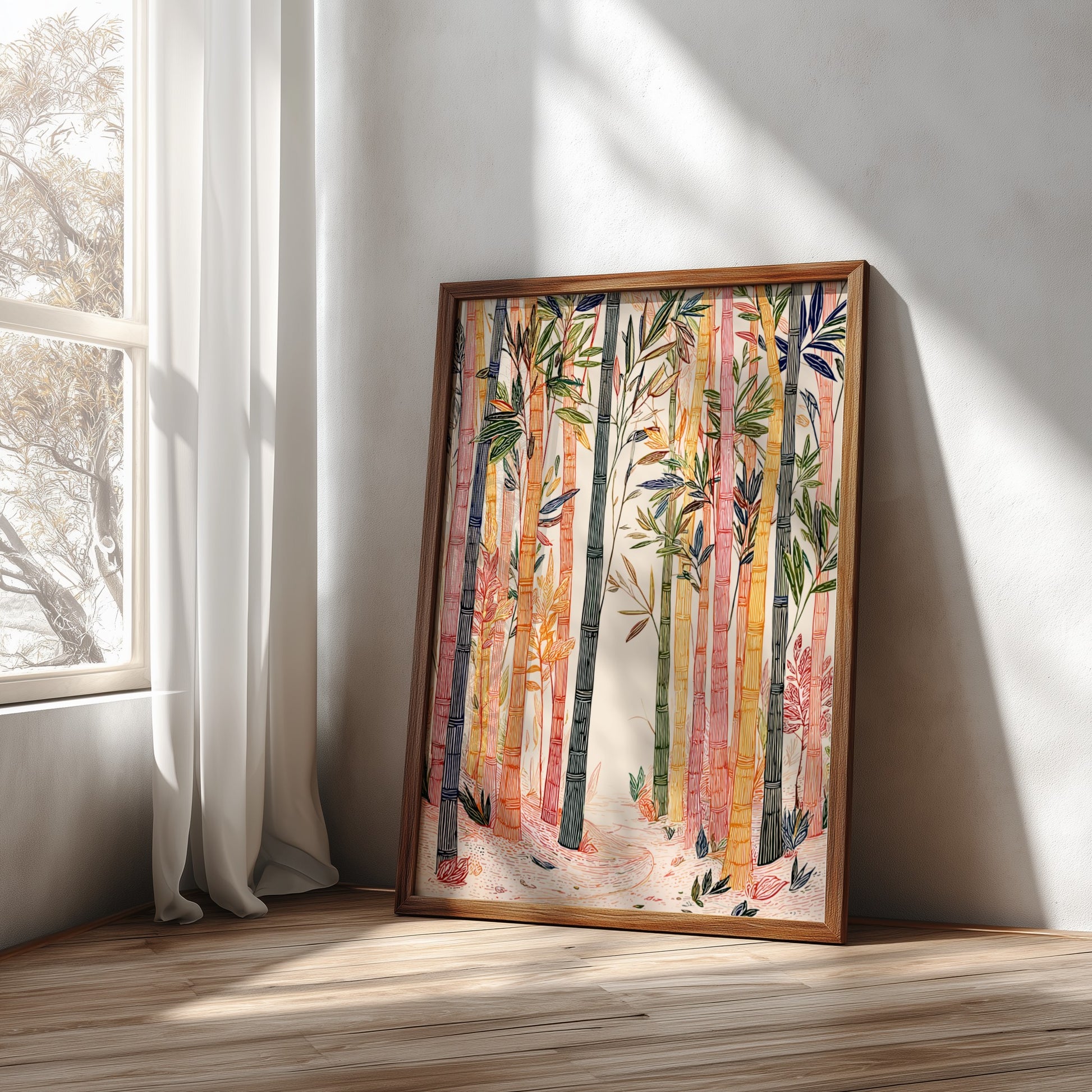 Bamboo Forest poster featuring colorful stylized bamboo stalks and foliage in a serene natural setting.