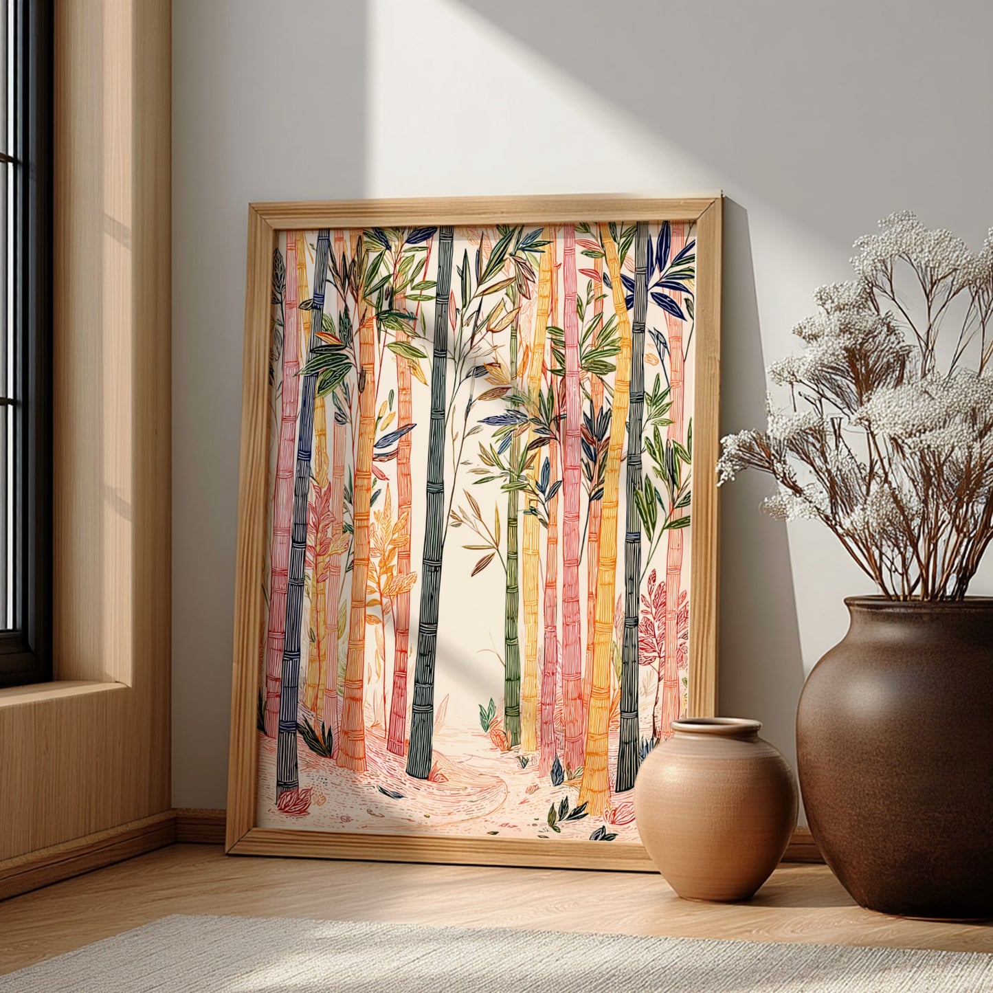 Bamboo Forest poster featuring colorful stylized bamboo stalks and foliage in a serene natural setting.