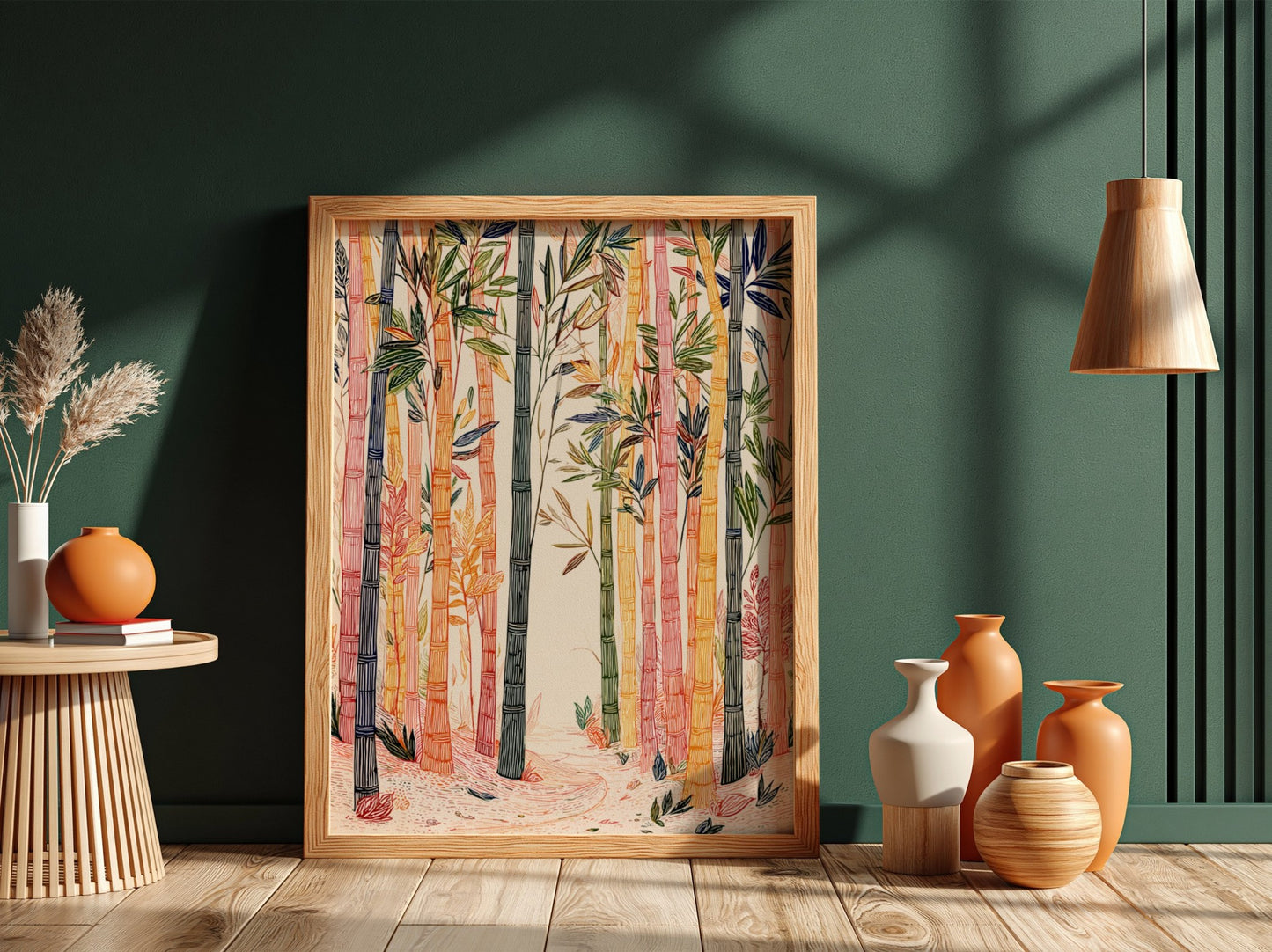 Bamboo Forest poster featuring colorful stylized bamboo stalks and foliage in a serene natural setting.