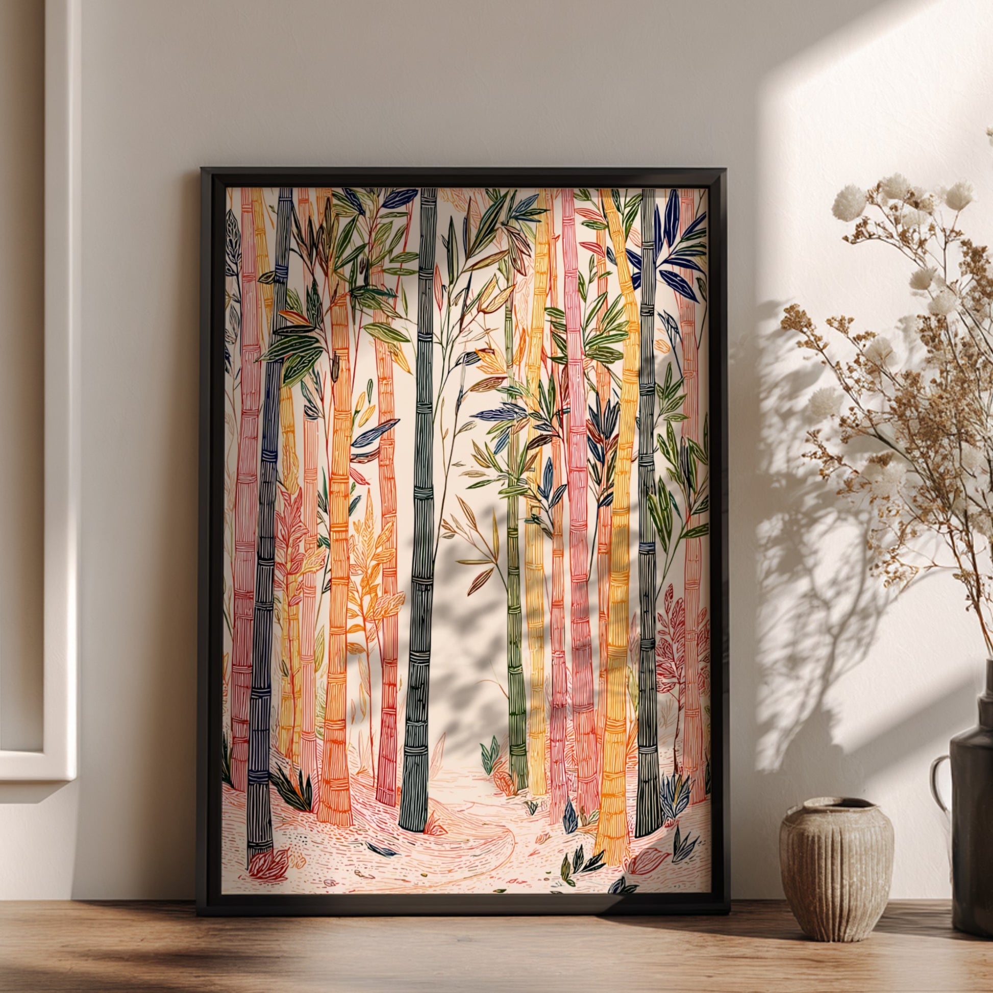 Bamboo Forest poster featuring colorful stylized bamboo stalks and foliage in a serene natural setting.