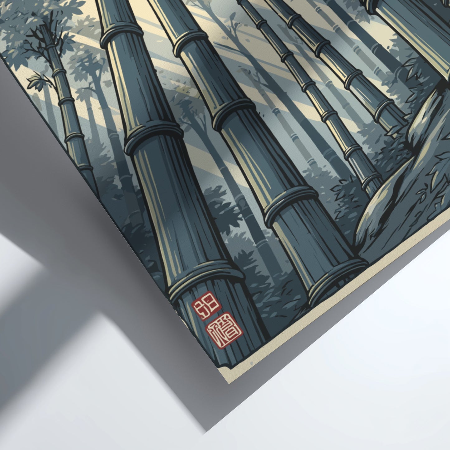 Japanese art style poster featuring a serene bamboo forest with sunlight filtering through the stalks.