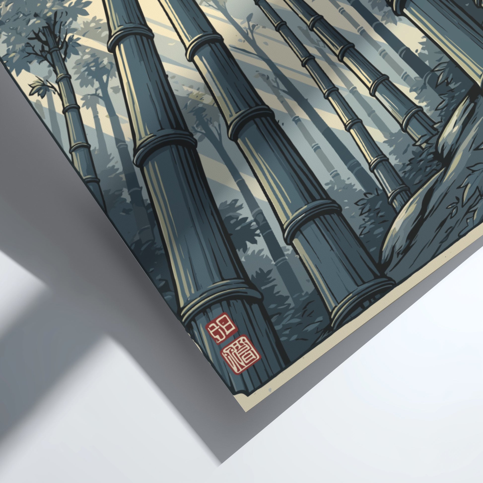 Japanese art style poster featuring a serene bamboo forest with sunlight filtering through the stalks.