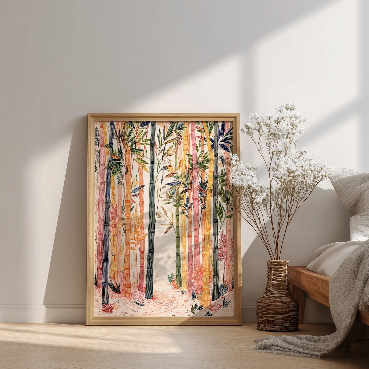 Bamboo Forest poster featuring colorful stylized bamboo stalks and foliage in a serene natural setting.