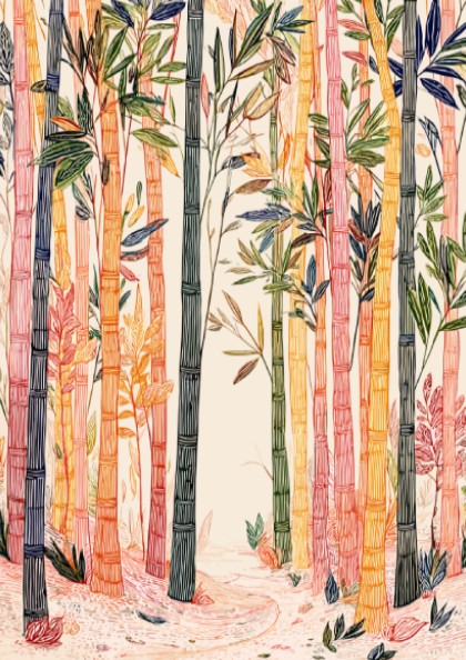 Bamboo Forest poster featuring colorful stylized bamboo stalks and foliage in a serene natural setting.