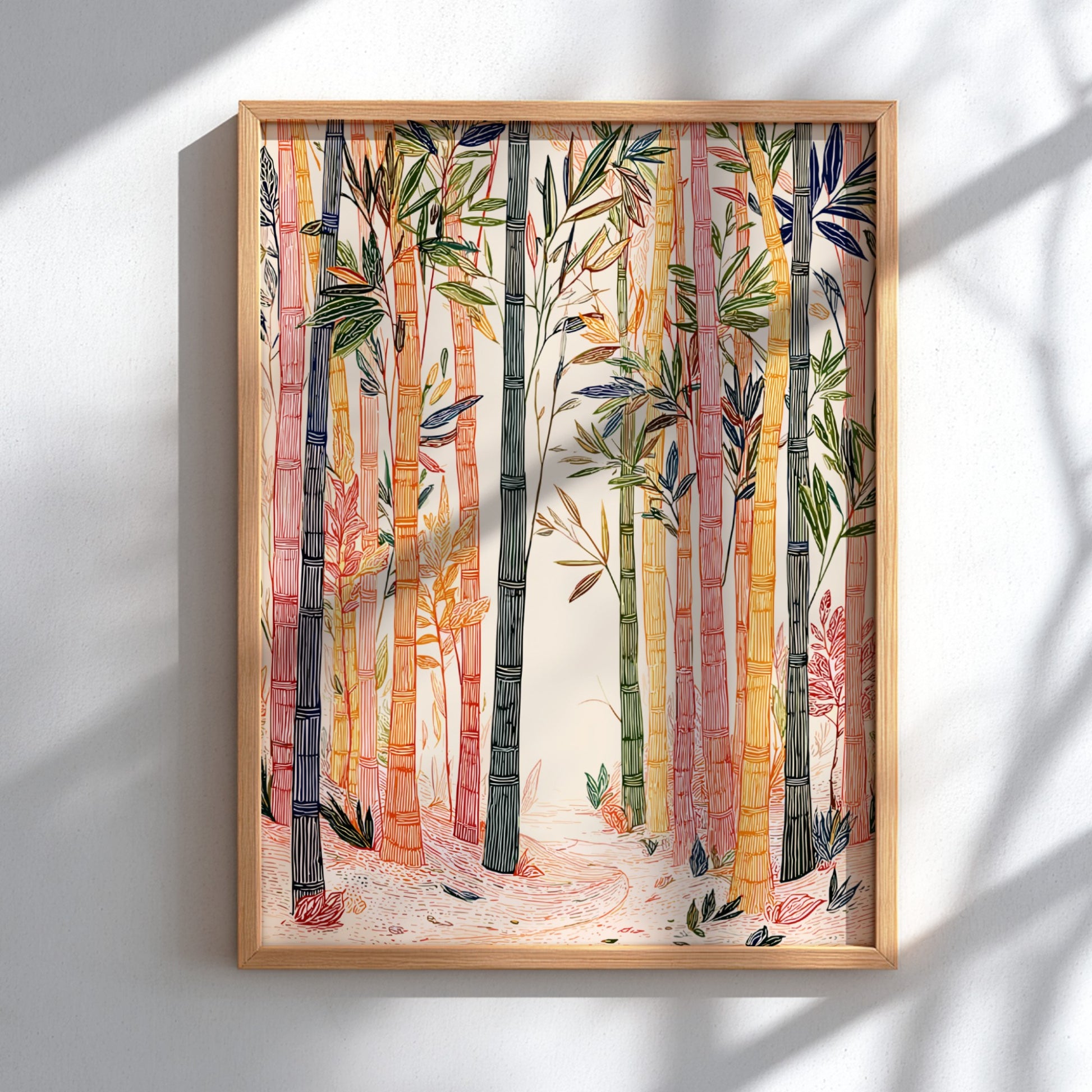 Bamboo Forest poster featuring colorful stylized bamboo stalks and foliage in a serene natural setting.