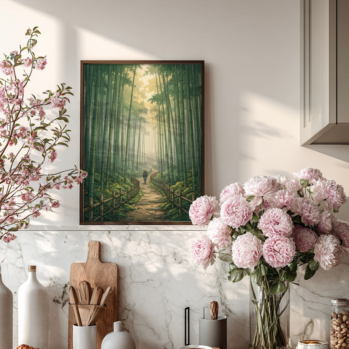 Poster of a lone traveler walking along a winding path through a bamboo grove