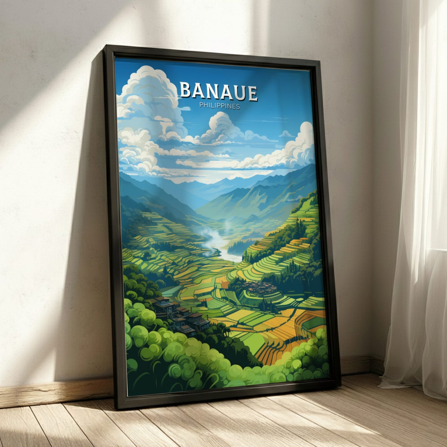 Framed artwork of Banaue, Philippines with a scenic mountain landscape.