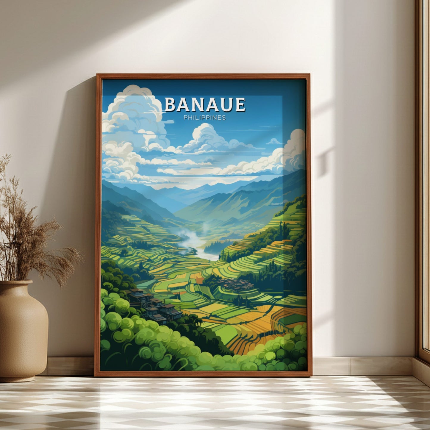 Framed poster of Banaue with a scenic view of green valleys and mountains.