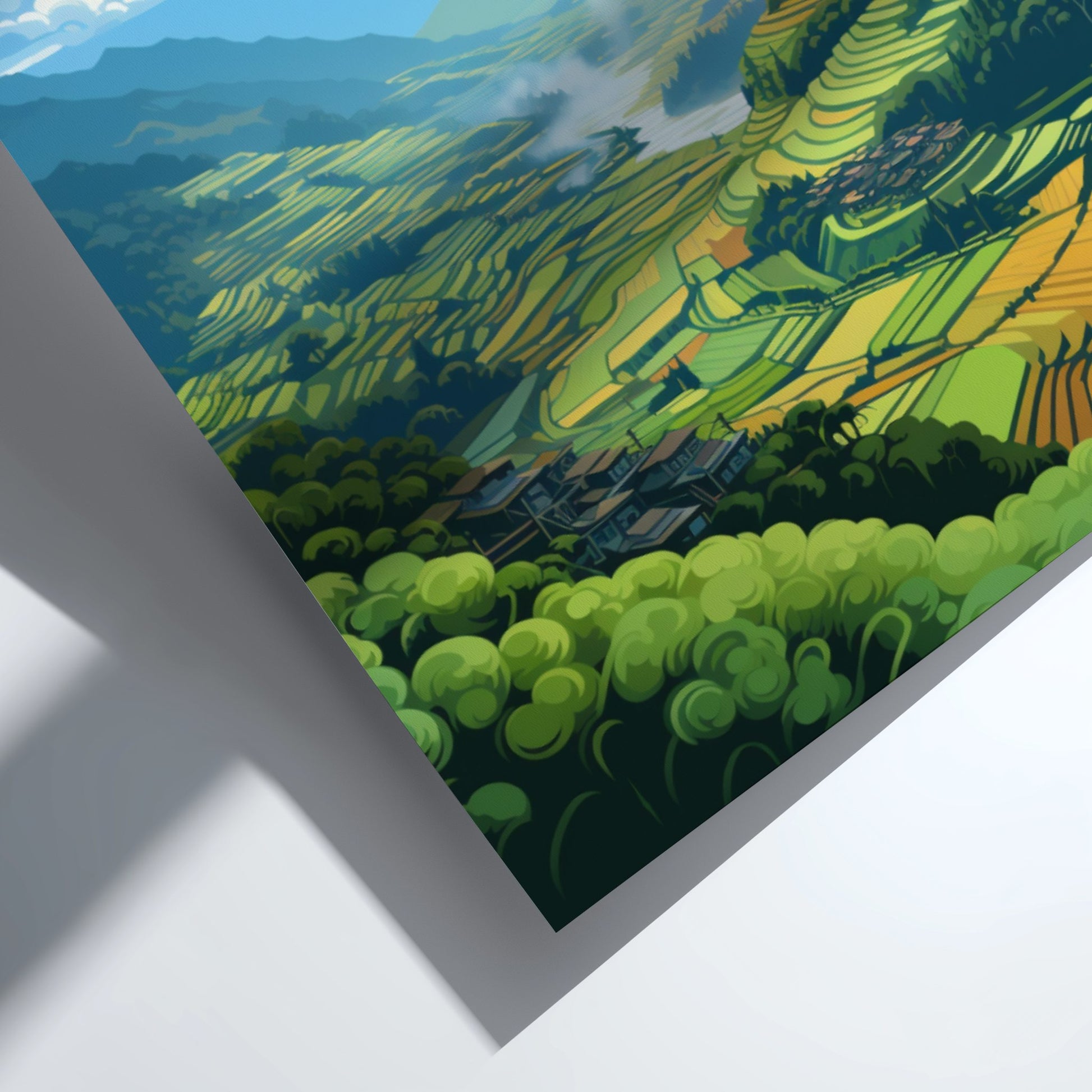 Framed artwork of a green landscape with trees and mountains.