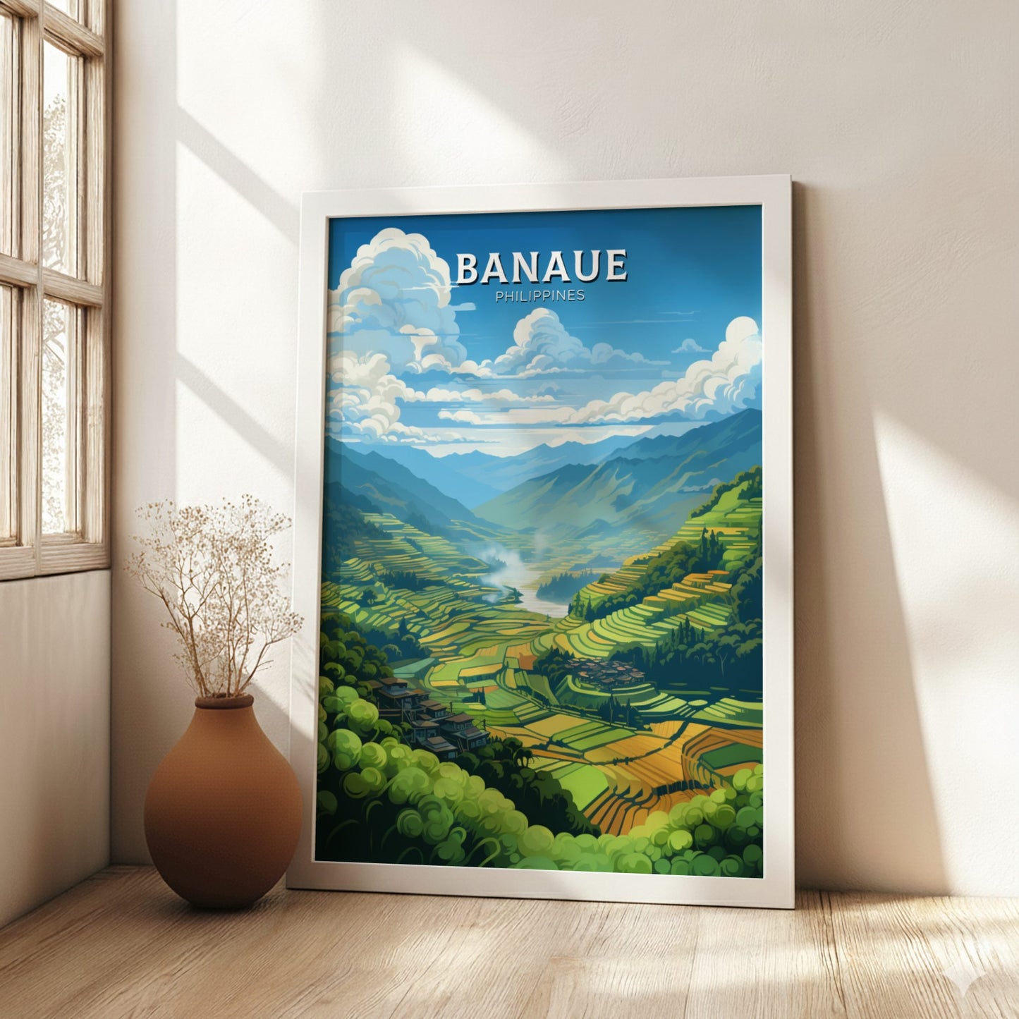 Framed artwork of Banaue, Philippines, in a room with a vase on a wooden floor.