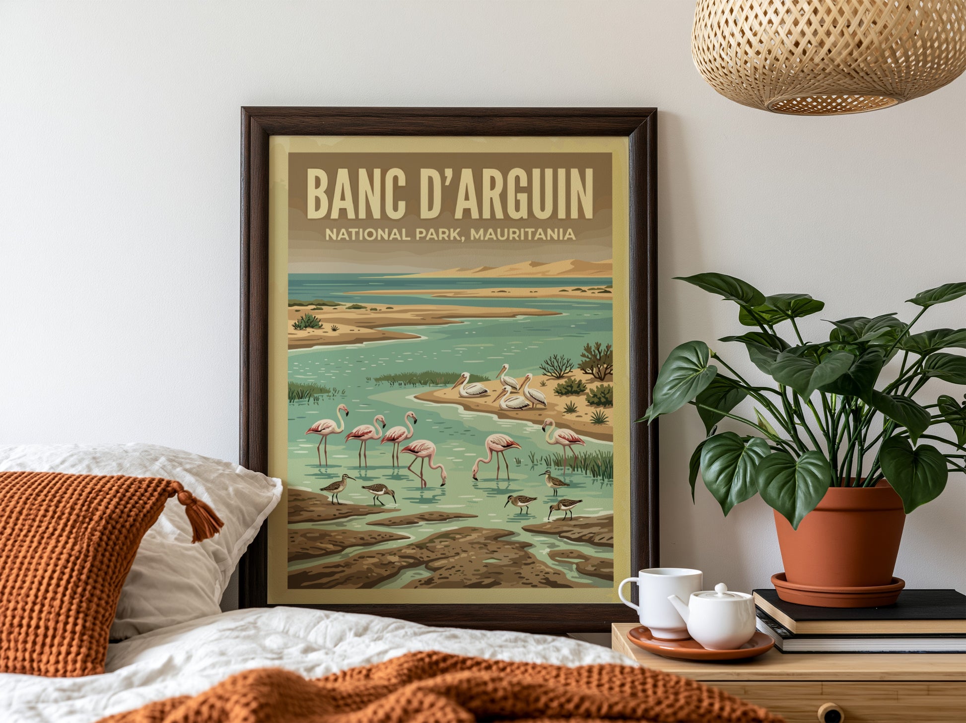 Banc d'Arguin poster featuring flamingos and coastal scenery in vibrant colors