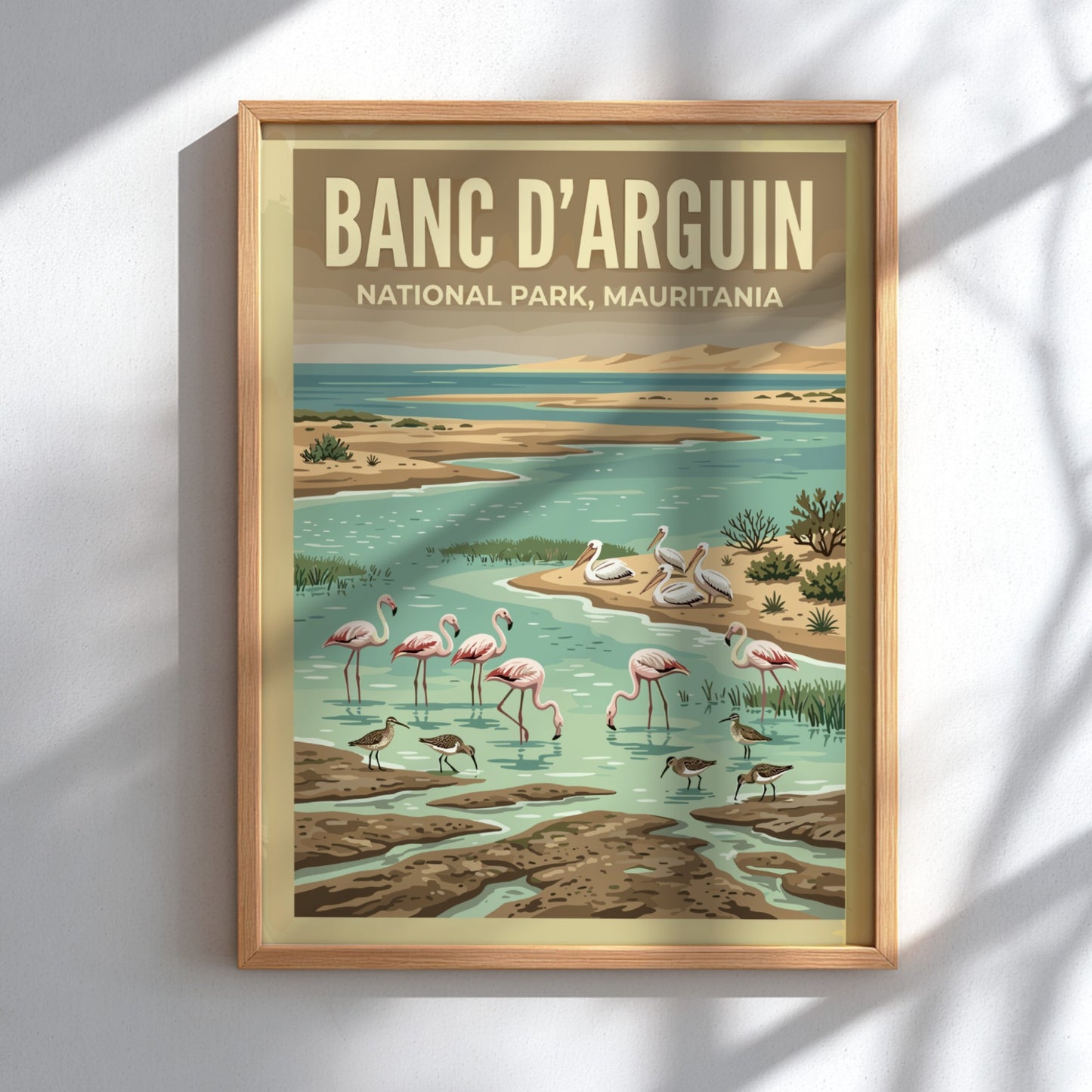 Banc d'Arguin poster featuring flamingos and coastal scenery in vibrant colors