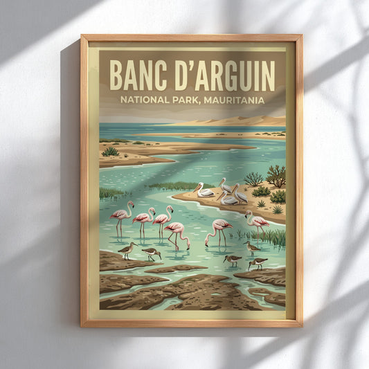Banc d'Arguin poster featuring flamingos and coastal scenery in vibrant colors