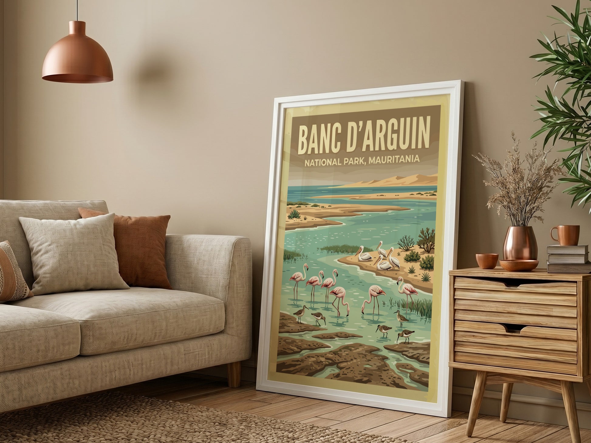 Banc d'Arguin poster featuring flamingos and coastal scenery in vibrant colors
