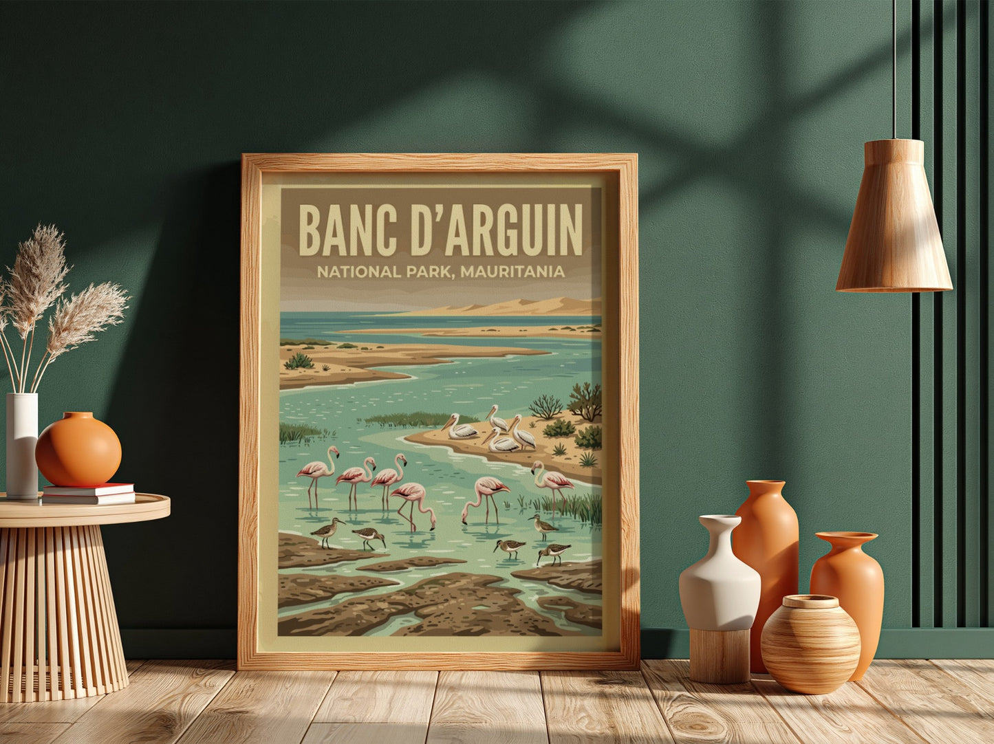 Banc d'Arguin poster featuring flamingos and coastal scenery in vibrant colors