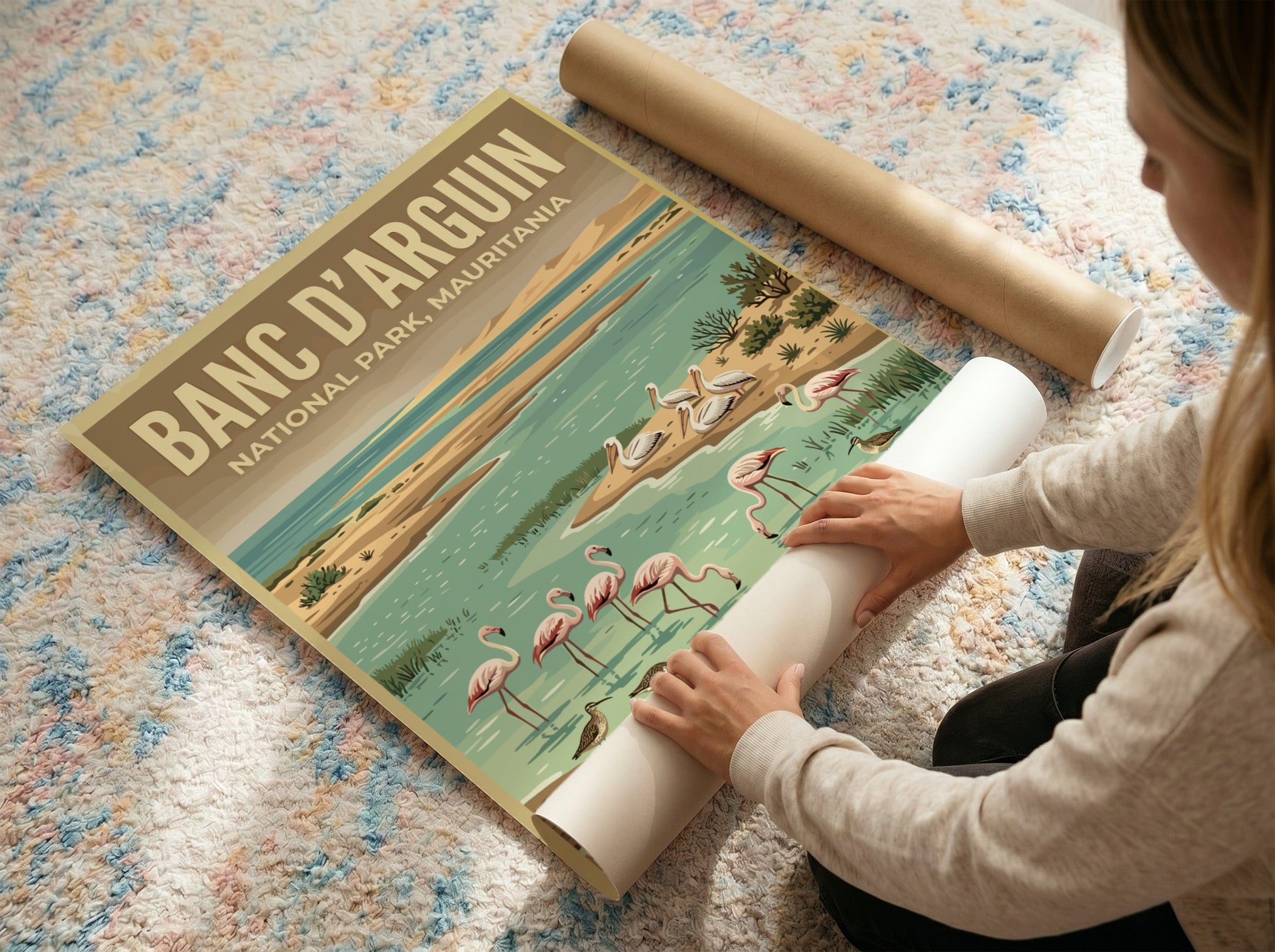 Banc d'Arguin poster featuring flamingos and coastal scenery in vibrant colors