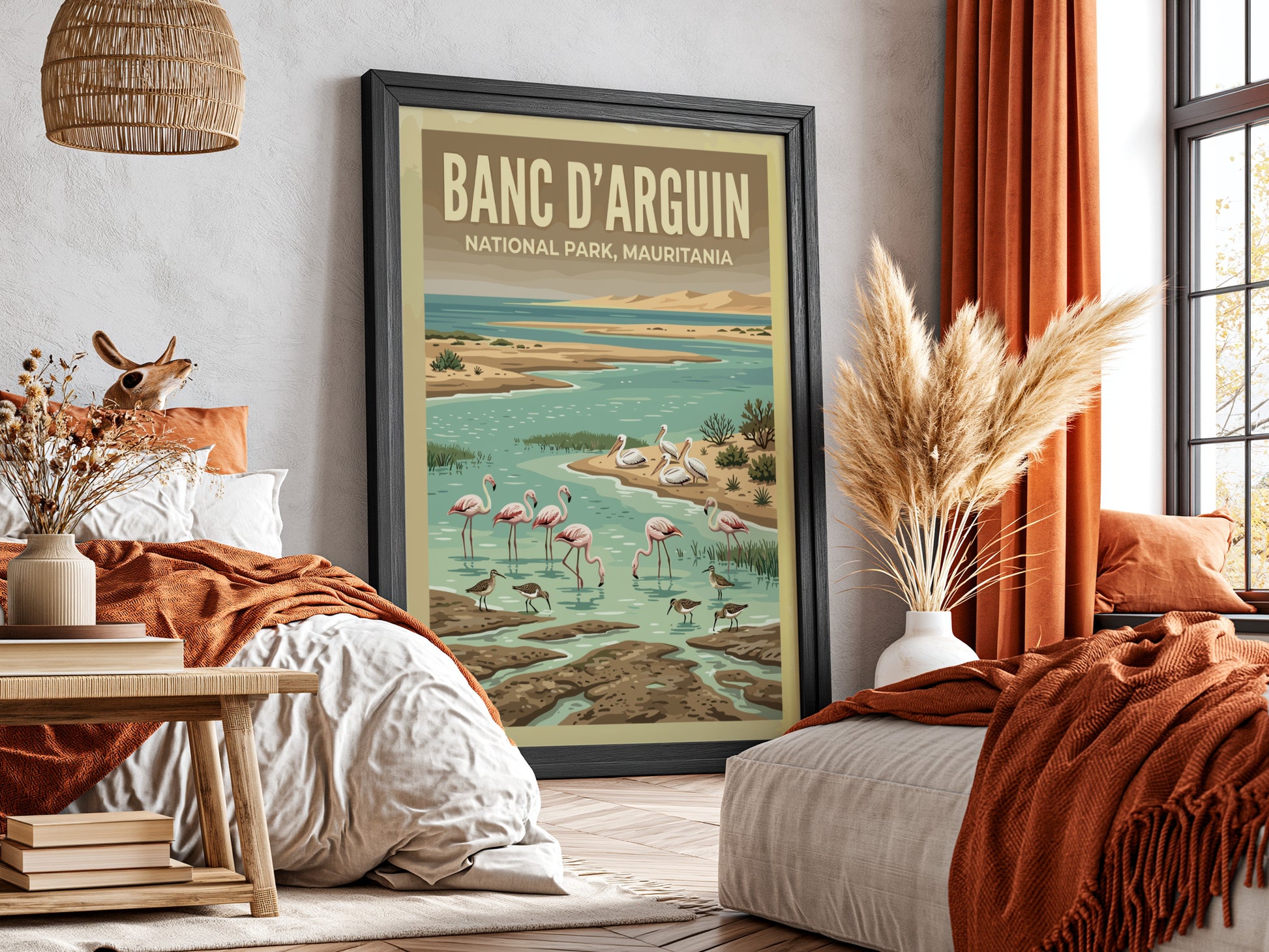Banc d'Arguin poster featuring flamingos and coastal scenery in vibrant colors