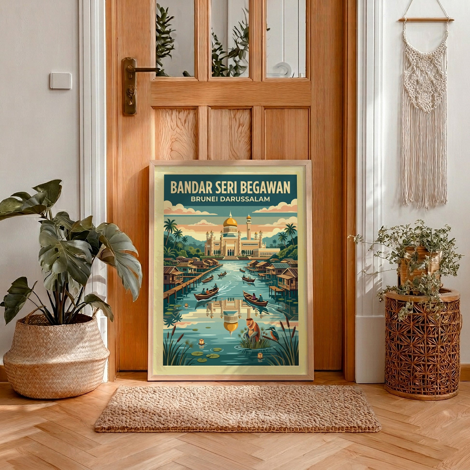 Travel poster of Bandar Seri Begawan Brunei featuring a golden mosque and water village.