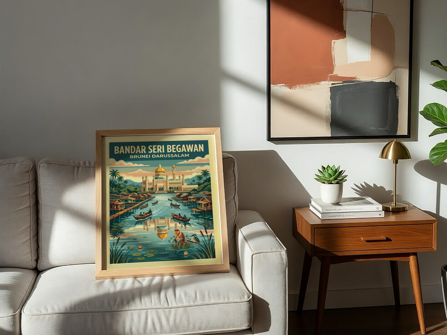 Travel poster of Bandar Seri Begawan Brunei featuring a golden mosque and water village.