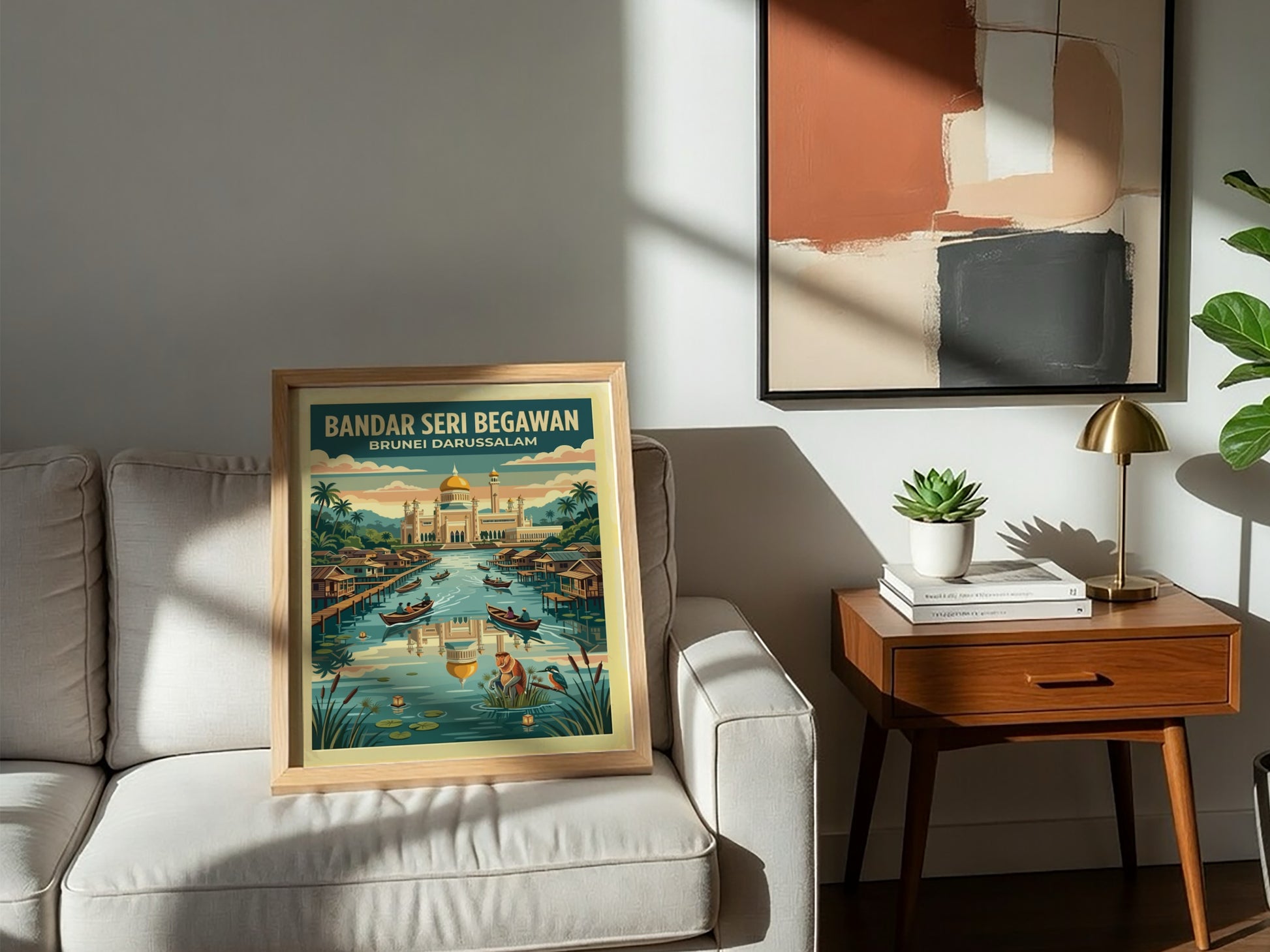 Travel poster of Bandar Seri Begawan Brunei featuring a golden mosque and water village.
