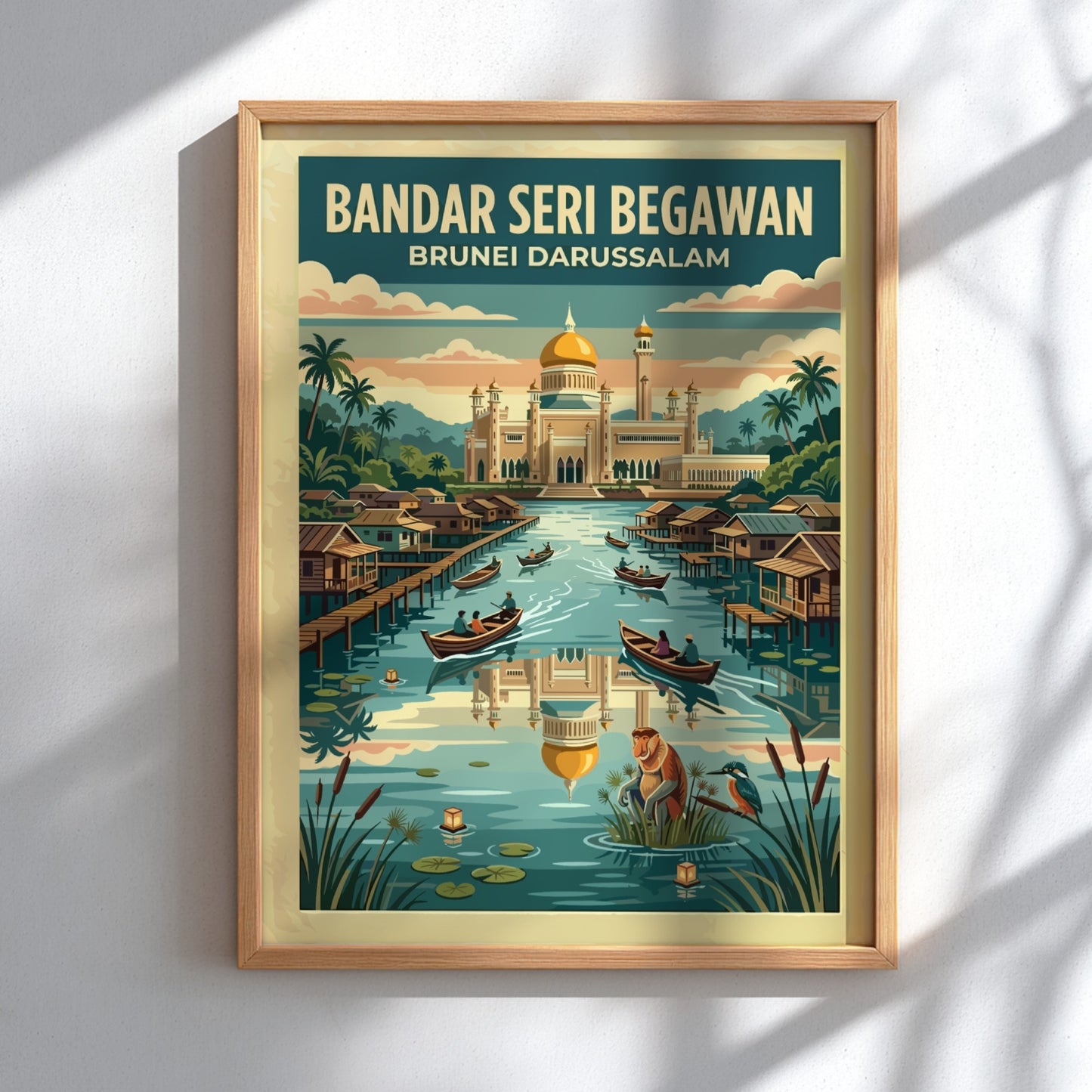 Travel poster of Bandar Seri Begawan Brunei featuring a golden mosque and water village.