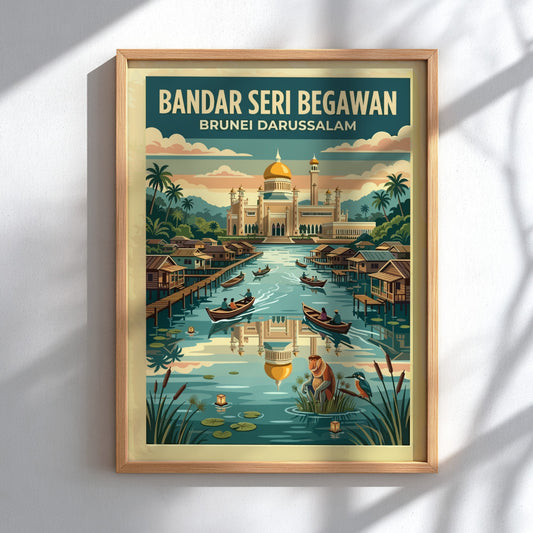 Travel poster of Bandar Seri Begawan Brunei featuring a golden mosque and water village.