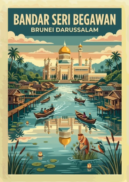 Travel poster of Bandar Seri Begawan Brunei featuring a golden mosque and water village.