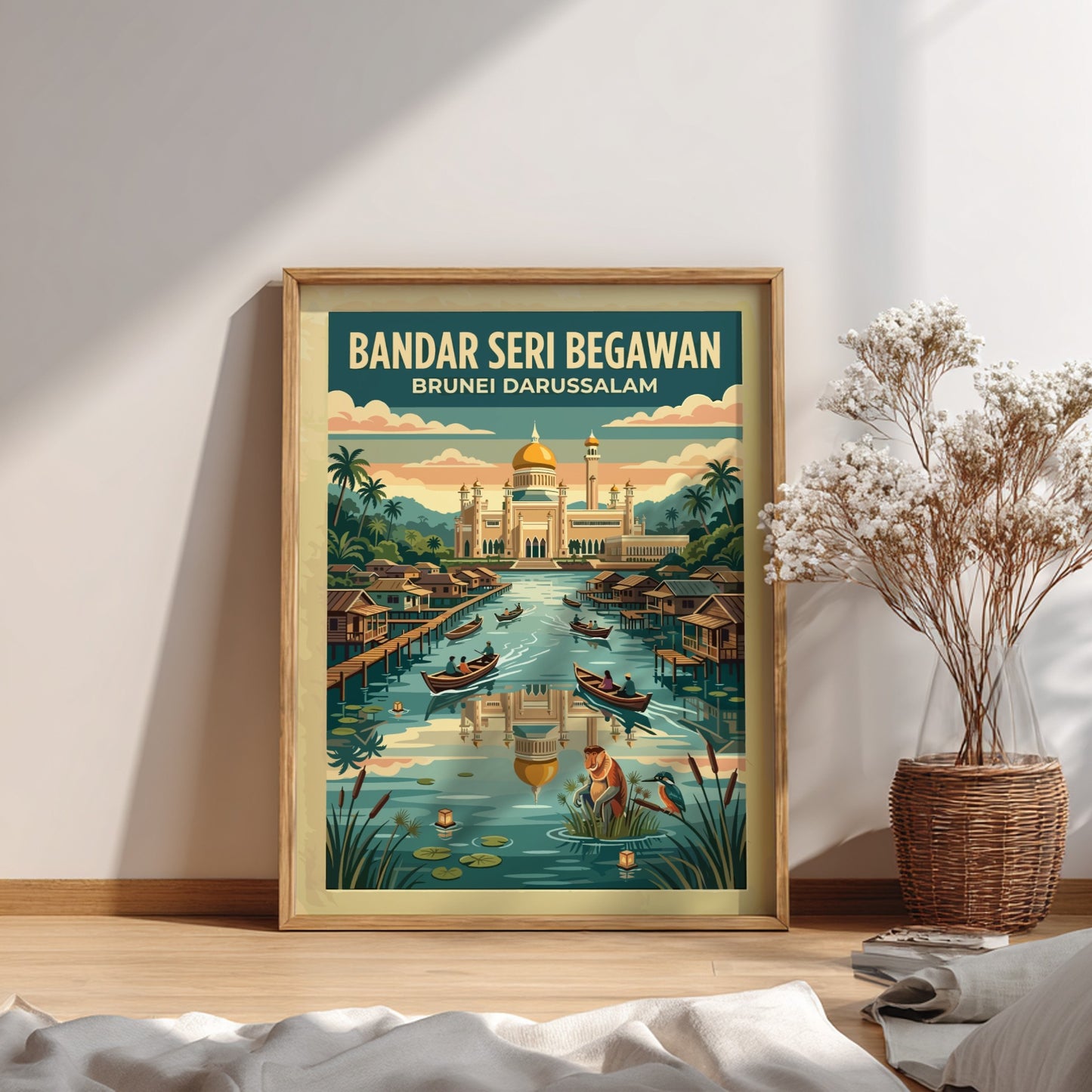 Travel poster of Bandar Seri Begawan Brunei featuring a golden mosque and water village.