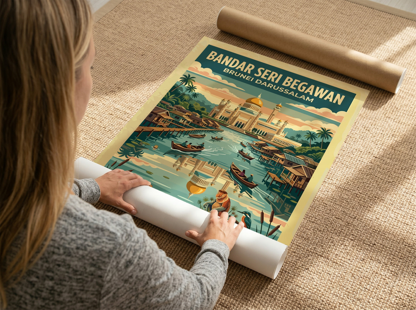 Travel poster of Bandar Seri Begawan Brunei featuring a golden mosque and water village.