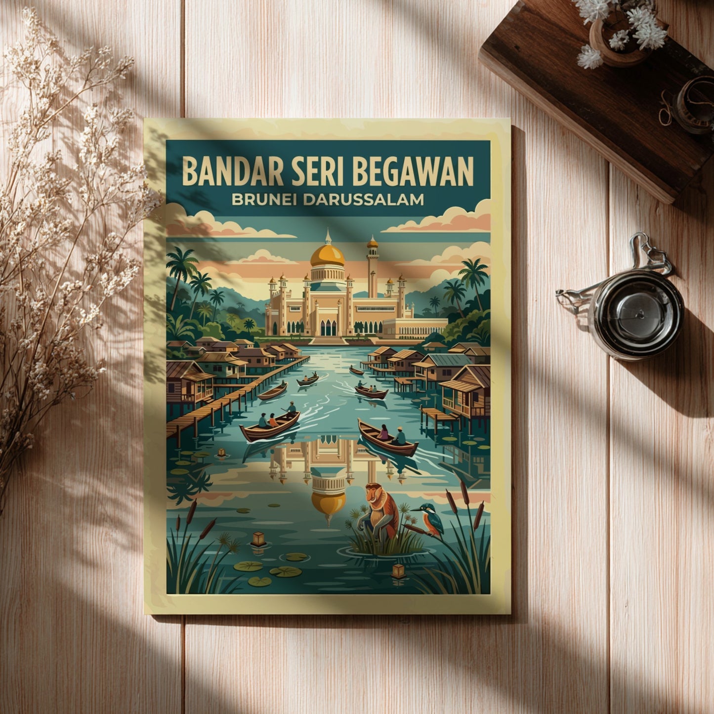Travel poster of Bandar Seri Begawan Brunei featuring a golden mosque and water village.